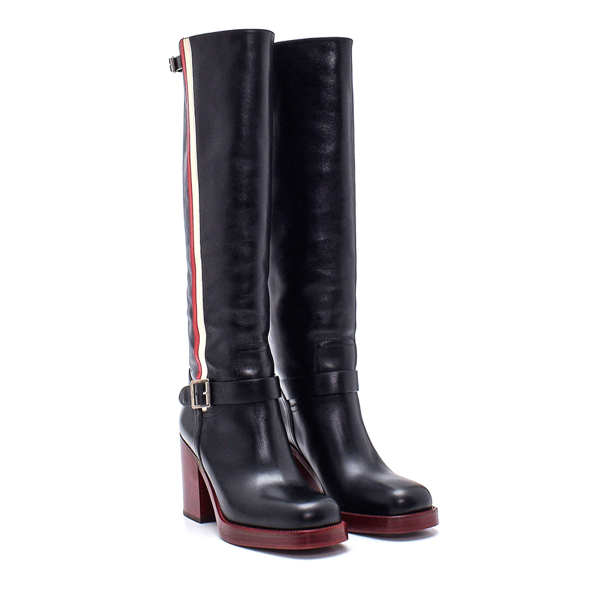 Christian Dior - Black Leather Buckle Fastening Striped Diorider Tall Boots